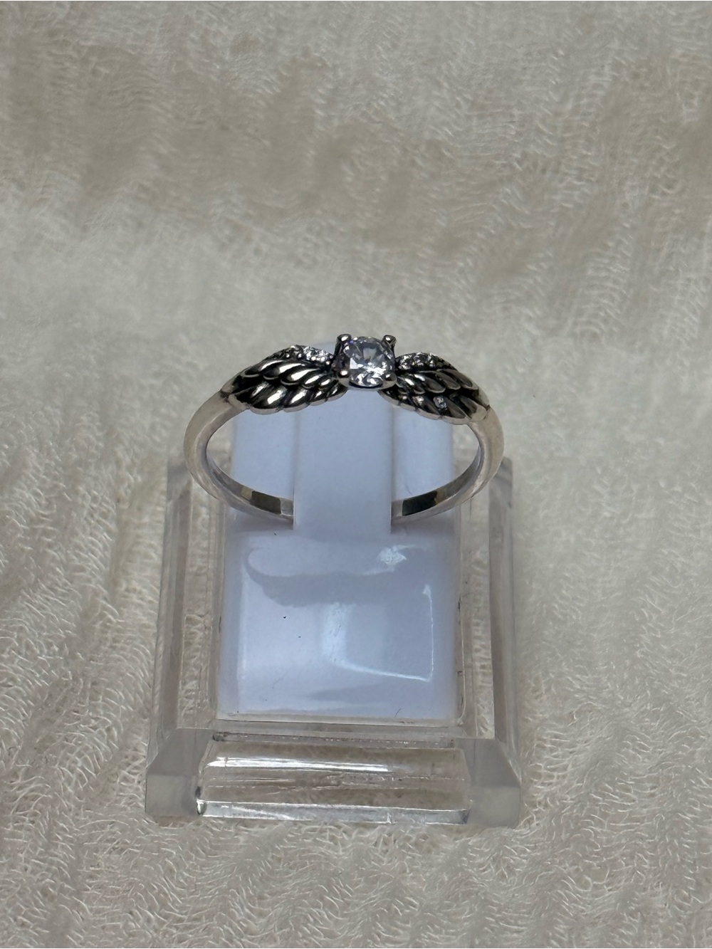 Sterling Silver Angel Wing Ring with Clear Stone - Size 8